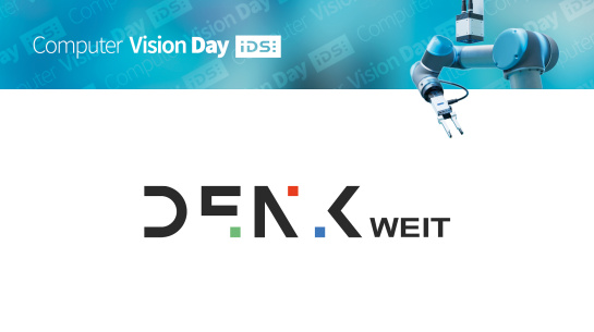 DENKweit and IDS logo, Computer Vision Day, robot with gripper and IDS camera