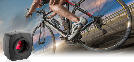 A cyclist on a bike from below and behind, on the left is a uEye camera