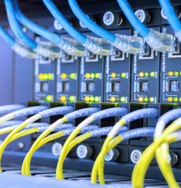 Many thin yellow and thick blue cables in one power supply unit.