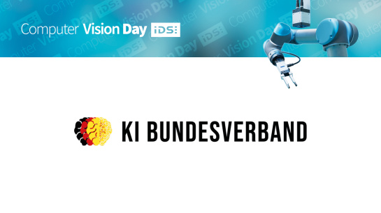 Logo KI Bundesverband and IDS, Computer Vision Day, robot with gripper and IDS camera