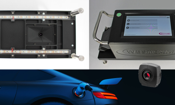 Collage with test device, WESTCAM device, e-car, and industrial camera