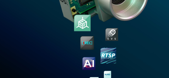 IDS uEye event-based camera with multiple icons for TOF, EVS, REC, RTSP, AI, MPEG, H264.