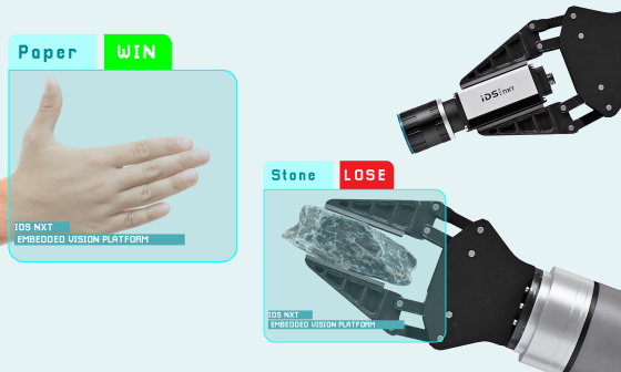 Human hand and robot arm show gestures, IDS NXT camera evaluates them.