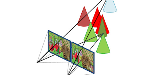 Scene with cones is recorded with a stereo camera, the projection beams of two cones are marked.
