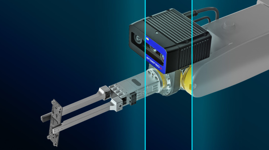 An Ensenso 3D camera is mounted on a gripper arm. The gripper holds a circuit board.