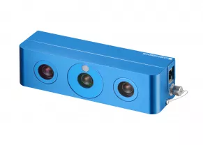 Front view of the blue Ensenso N 3D camera