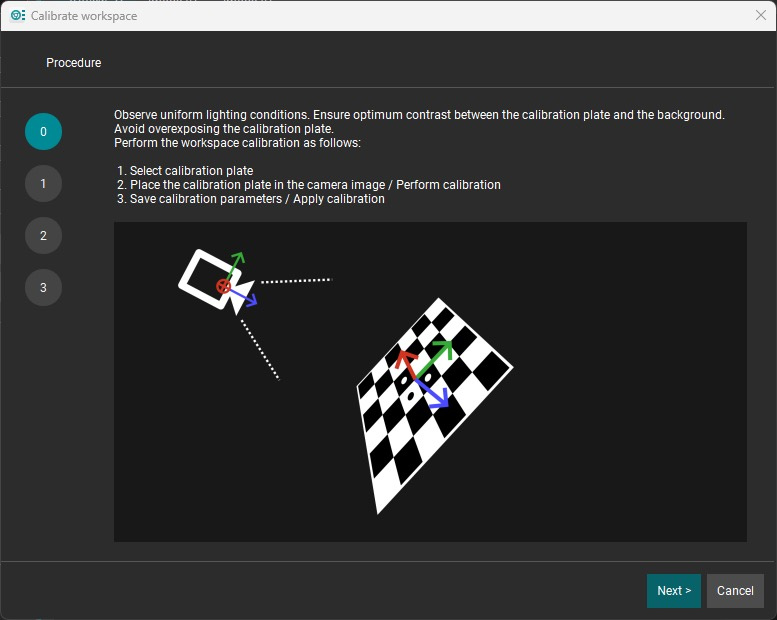 Calibration window with steps and instructions