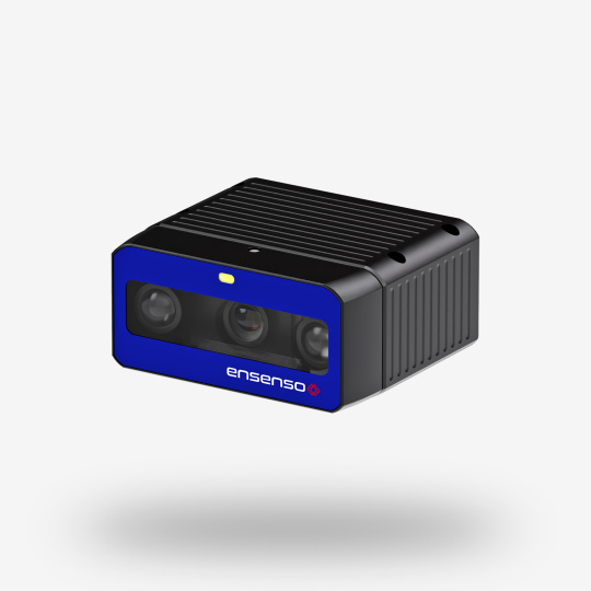 Front view of the black and blue Ensenso B 3D camera Front view of the black and blue Ensenso B 3D camera