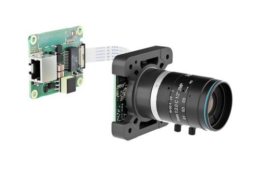 PoE daughterboard connected to uEye SLE industrial camera via flexible cable