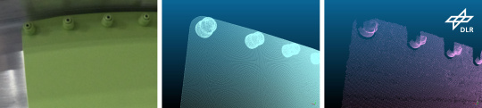 Images of a plate with rivets: real, CAD point cloud, 3D camera point cloud