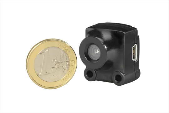 Smallest camera, the uEye XS with USB 2.0 connection next to a 1 euro coin