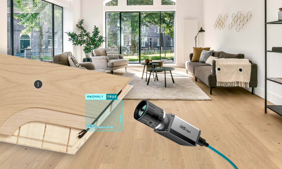 Collage of a room with parquet flooring and an IDS NXT camera on a multi-layer parquet floorboard