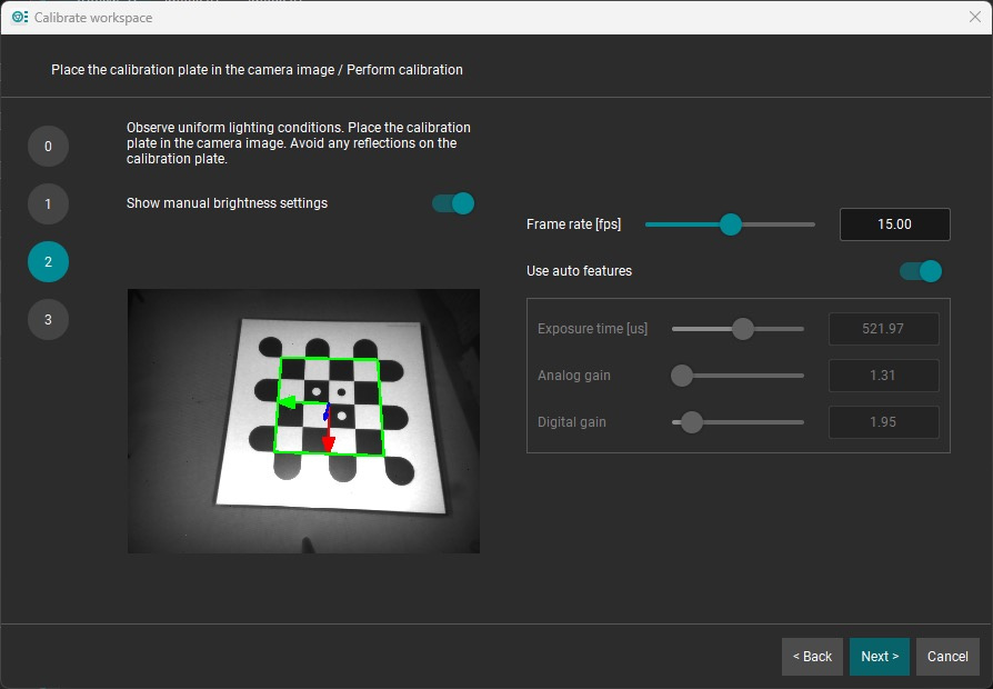 Calibration dialog with checkerboard and alignment