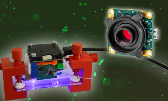 Fluorescence microscope with microfluidic chip and high-resolution USB3 camera of the uEye XLE family