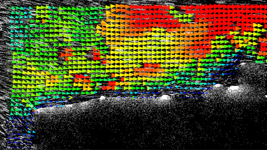 Visualization of flow data with color-coded vectors from event-based camera analysis
