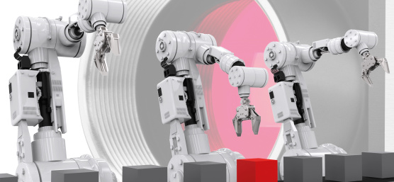 Illustration of robots standing in front of a camera and grabbing cubes from a conveyor belt.
