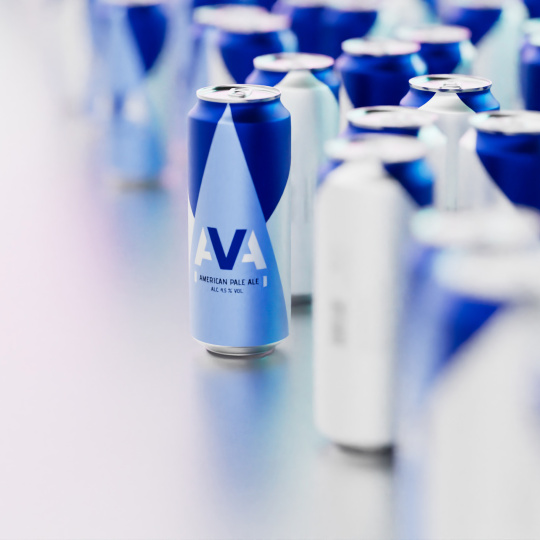 Several blue beer cans, one in focus, others blurred in background