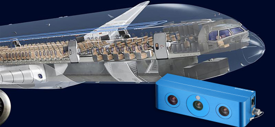 Front section of an aircraft with a view into the cabin, with an Ensenso 3D camera in the foreground.