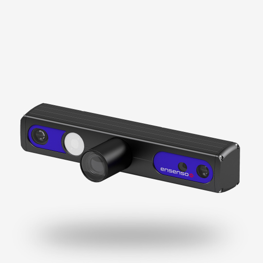 Front view of the black and blue Ensenso C 3D camera Front view of the black and blue Ensenso C 3D camera