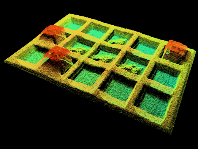 Colorful 3D point cloud of a divided tray with raised sections