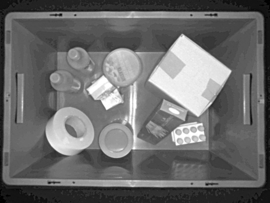 A grayscale intensity image from the Nion 3D camera shows various objects inside a box, viewed from above.