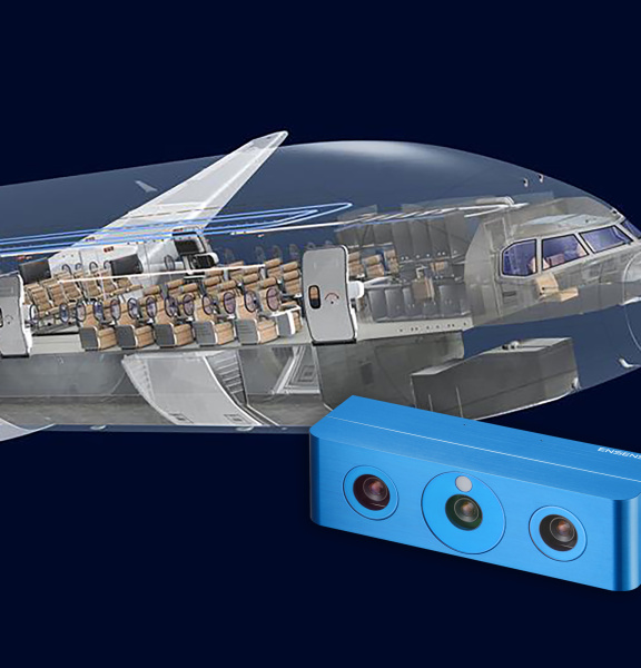 Front section of an aircraft with a view into the cabin, with an Ensenso 3D camera in the foreground.