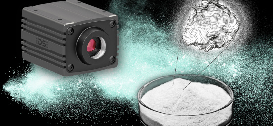 uEye Warp10 next to a Petri dish with a fine sample and particle point cloud.
