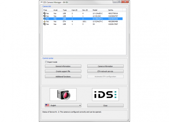 IDS Software Suite for industrial cameras: IDS Camera manager - camera list