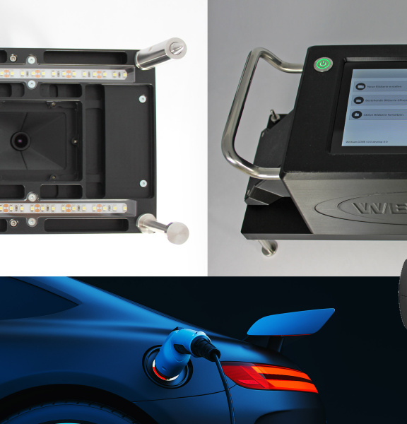 Collage with test device, WESTCAM device, e-car, and industrial camera