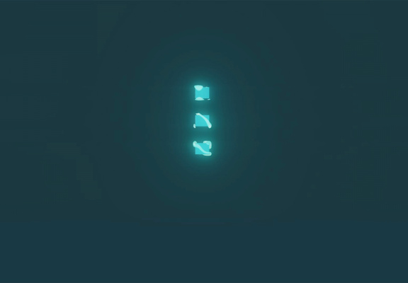 Three glowing teal shapes on a dark background.