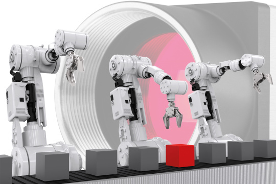Illustration of robots standing in front of a camera and grabbing cubes from a conveyor belt.
