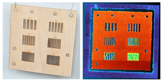 Wooden board with slits ranging from 5 mm to 1 mm, showing the precise detail resolution of the 3D camera