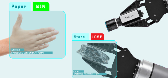 Human hand and robot arm show gestures, IDS NXT camera evaluates them.