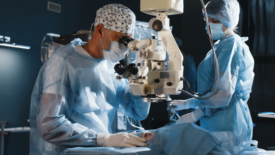 Medical staff perform eye surgery using a surgical microscope.