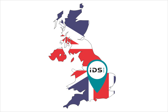 Map of Great Britain in the colors of the flag with the IDS office in London marked