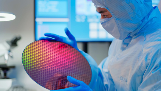 Man in blue suit examines a round semiconductor wafer in a laboratory.