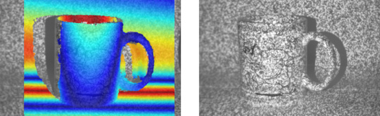 Two cups onto which a pattern mask is projected in order to recognise structures on the surface
