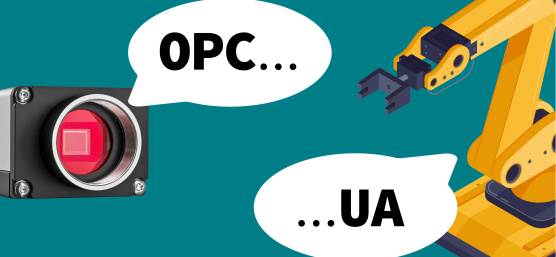 uEye camera and robot (each cut off) talking to each other in speech bubbles about OPC UA