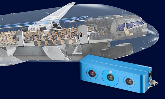 Front section of an aeroplane, view inside the cabin, Ensenso 3D camera at the front