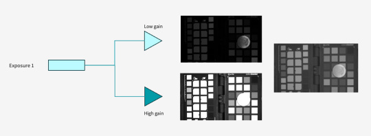 Clear HDR: image information for a single pixel with two gain levels