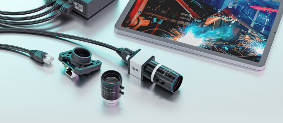 IDS uEye live monitoring cameras with lenses, cables and tablet.