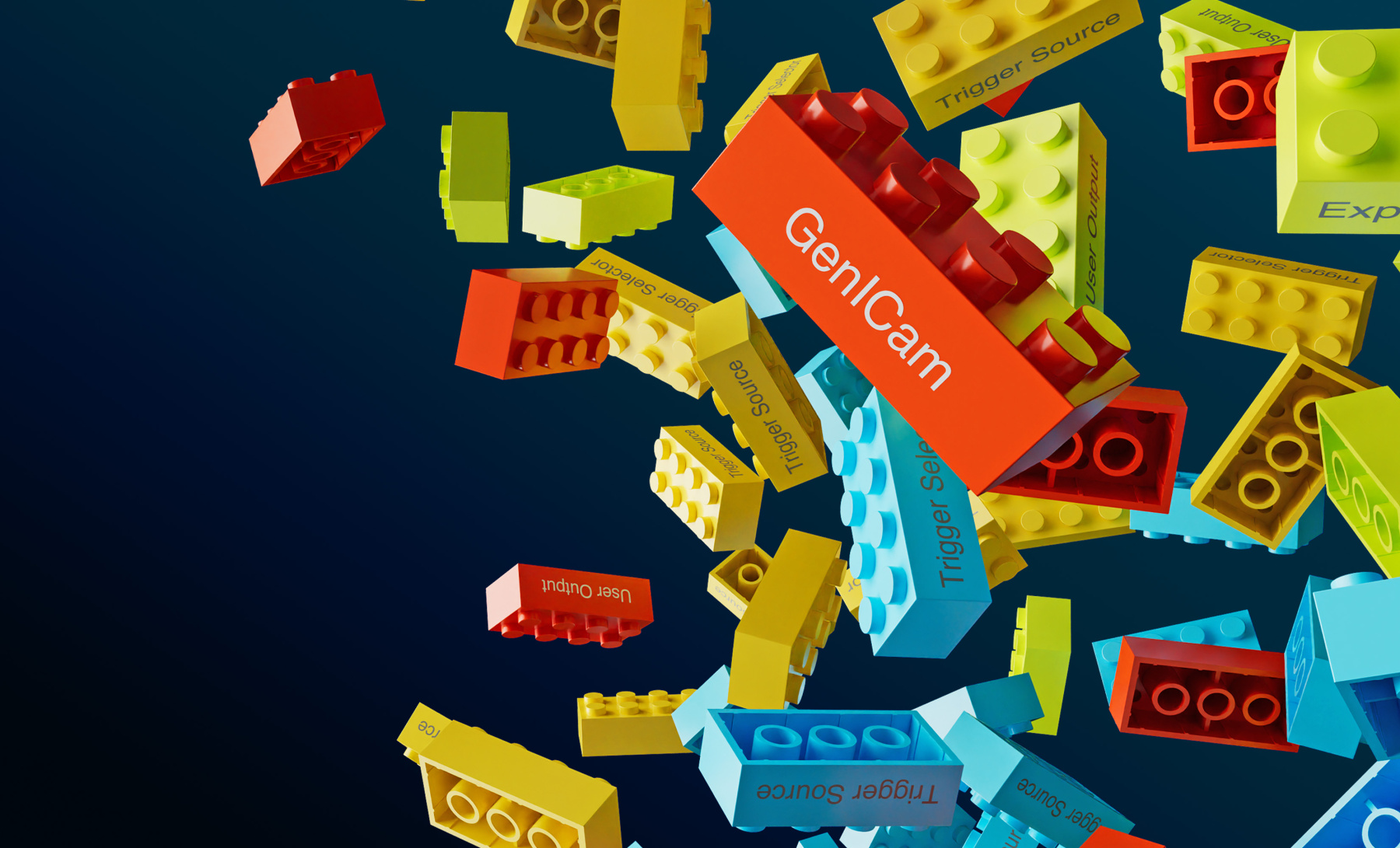 Colorful Lego bricks with lettering loose in front of dark background.