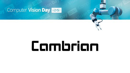 Cambrian logo, robot with gripper and IDS camera, IDS logo