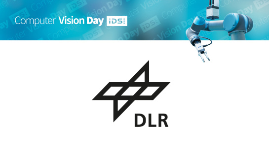 DLR and IDS logo, Computer Vision Day, robot with gripper and IDS camera