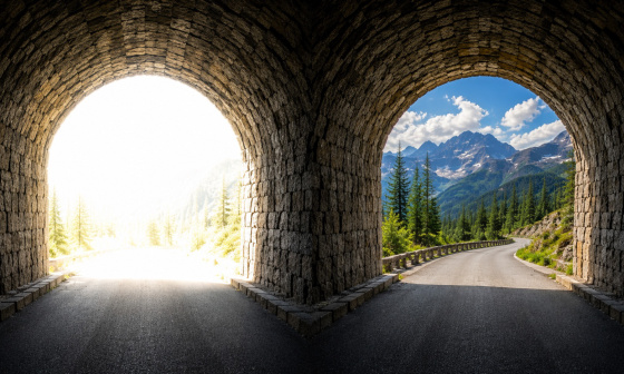 View from a tunnel with an overexposed background, compared with HDR