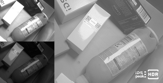 Bright and dark shot of packaging and bottle plus the HDR result