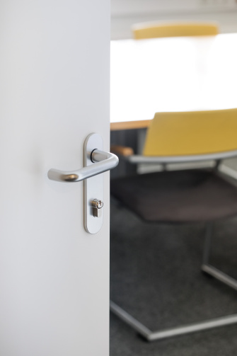 Open door with modern door handle and access fittings in the interior.