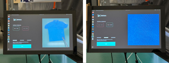 The left display shows a picture of a blue T-shirt, while the right display shows a close-up of blue fabric.