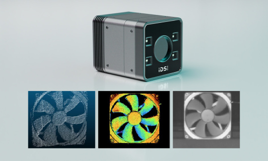 Industrial camera with 3D point cloud, depth, and intensity images of a rotating fan.