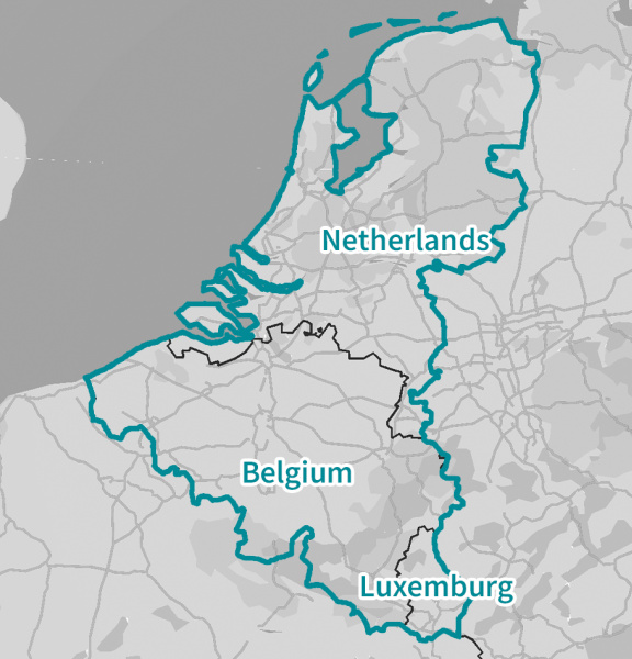 The countries Belgium, Luxembourg and the Netherlands are marked on the map